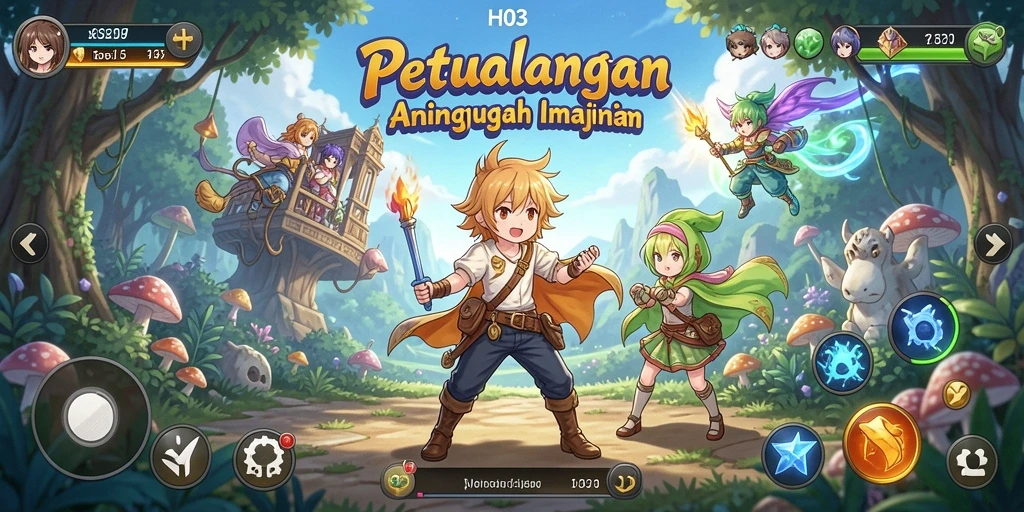 Screenshot gameplay H03 menampilkan karakter Anime yang dinamis dan latar yang menakjubkan.