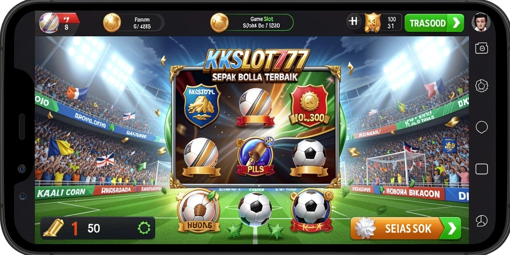 Screenshot gameplay KKSLOT777 yang menunjukkan aksi slot bertema sepak bola.