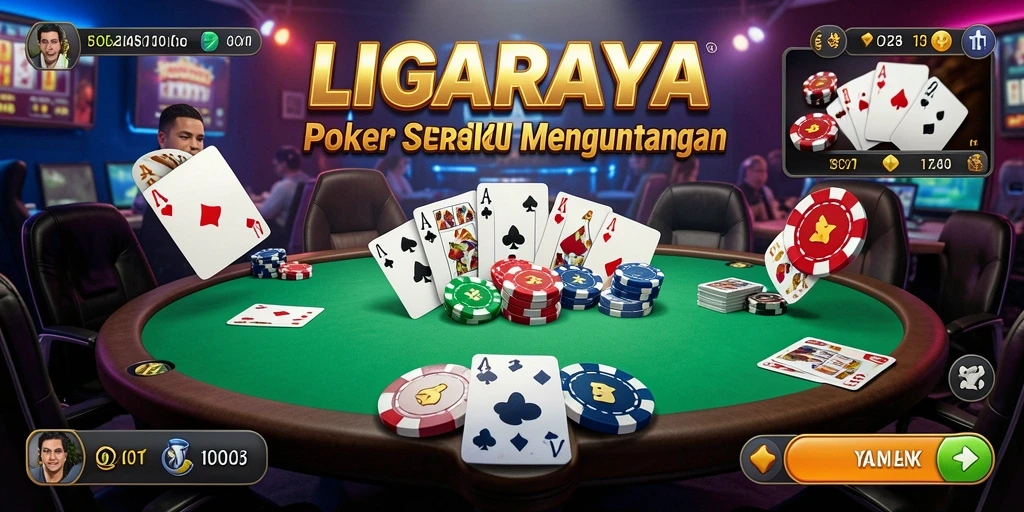 Tampilan gameplay seru dalam LIGARAYA dengan suasana turnamen poker.