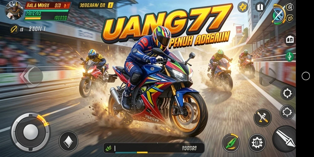 Gambaran gameplay UANG77 dengan motor balap yang cepat dan trek menantang.